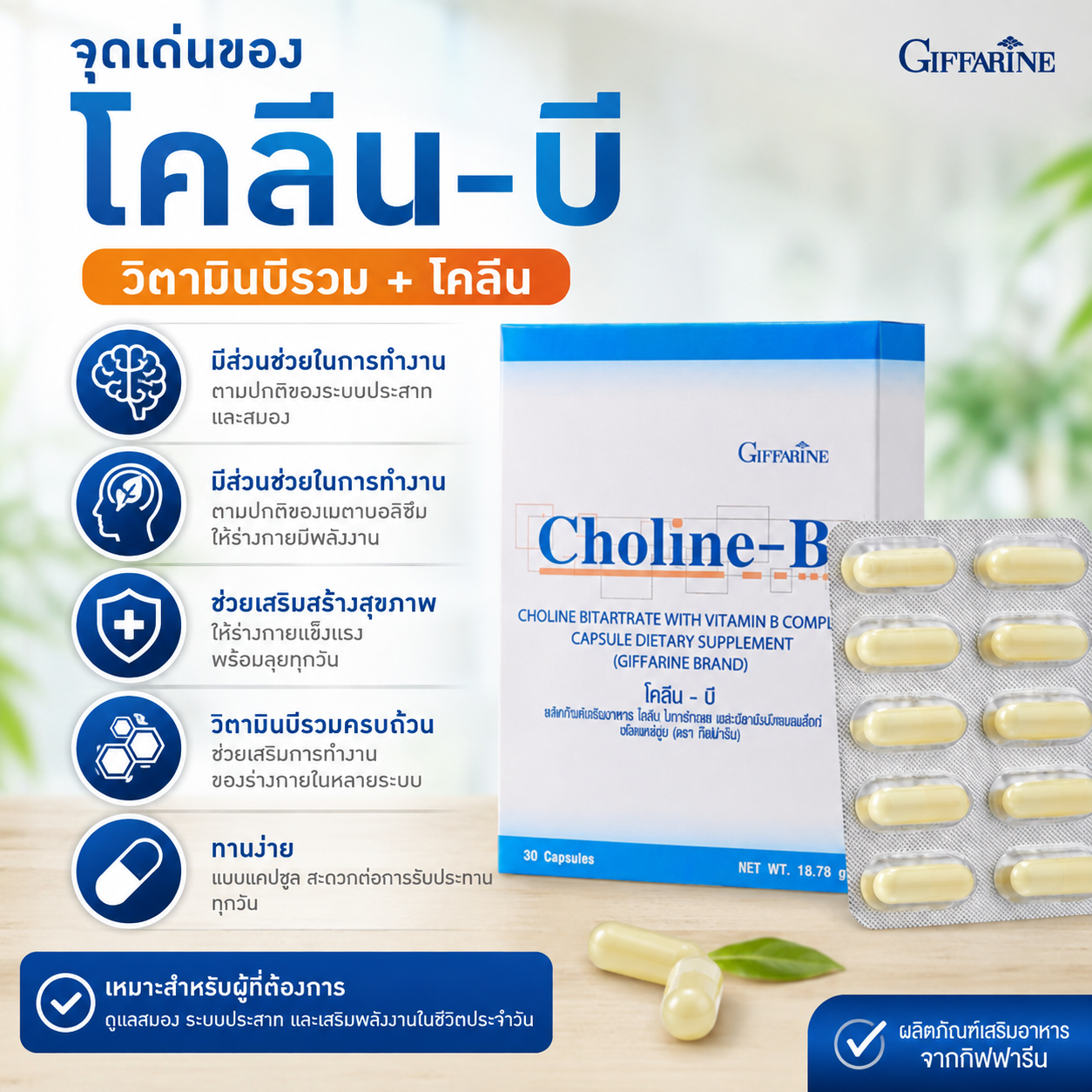 โคลีนบีกิฟฟารีน Choline B ผลิตภัณฑ์เสริมอาหารโคลีนและวิตามินบีรวม 30 แคปซูล
